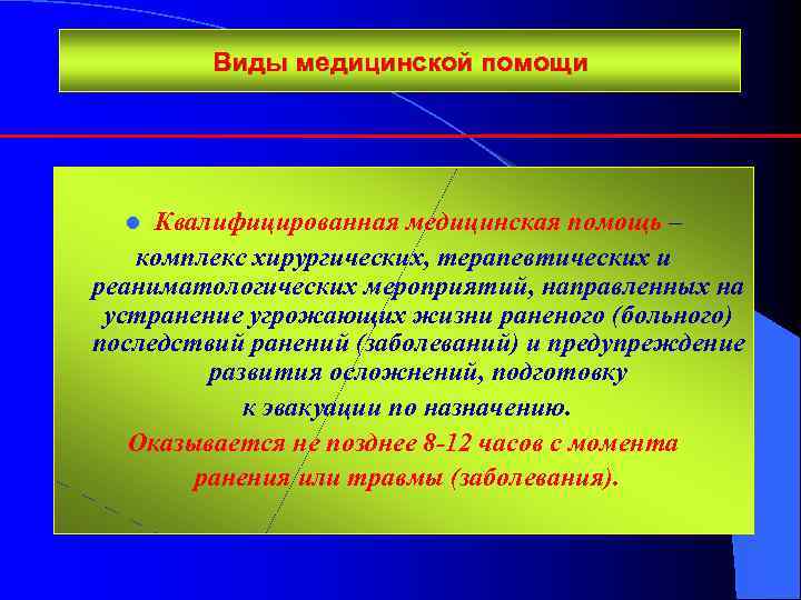 Виды медицинской помощи Квалифицированная медицинская помощь – комплекс хирургических, терапевтических и реаниматологических мероприятий, направленных