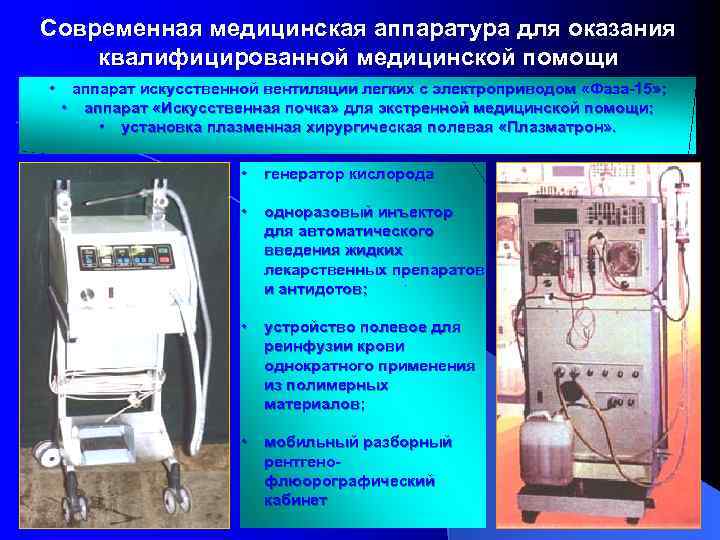 Современная медицинская аппаратура для оказания квалифицированной медицинской помощи • аппарат искусственной вентиляции легких с