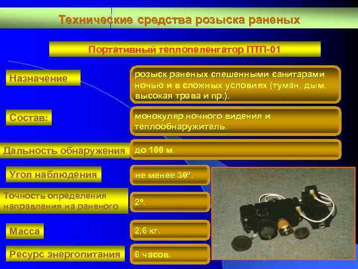 Технические средства розыска раненых Портативный теплопеленгатор ПТП-01 Назначение розыск раненых спешенными санитарами ночью и