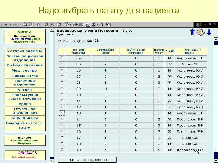 Надо выбрать палату для пациента 1/31/2018 19 