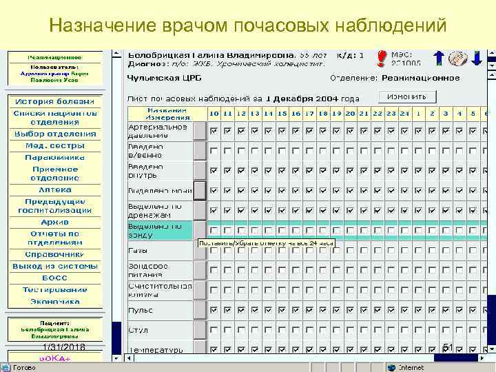 Назначение врачом почасовых наблюдений 1/31/2018 51 