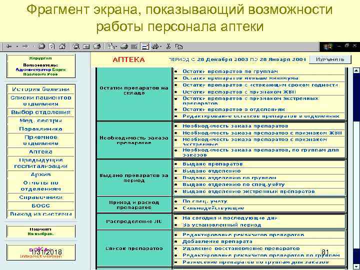 Фрагмент экрана, показывающий возможности работы персонала аптеки 1/31/2018 81 