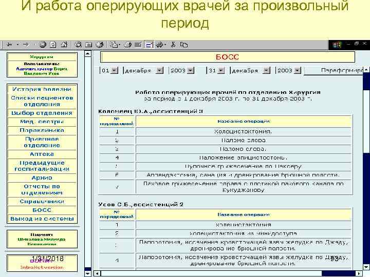 И работа оперирующих врачей за произвольный период 1/31/2018 93 