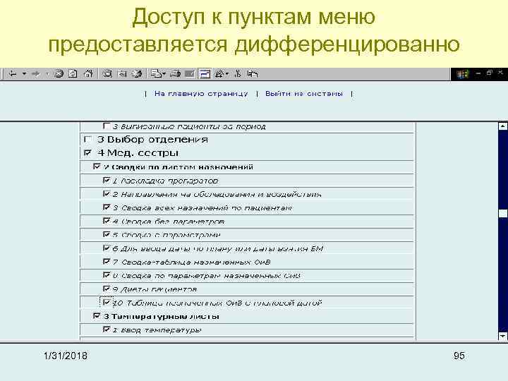 Доступ к пунктам меню предоставляется дифференцированно 1/31/2018 95 