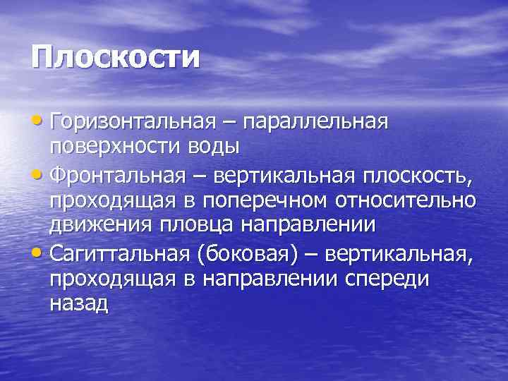 Плоскости • Горизонтальная – параллельная поверхности воды • Фронтальная – вертикальная плоскость, проходящая в