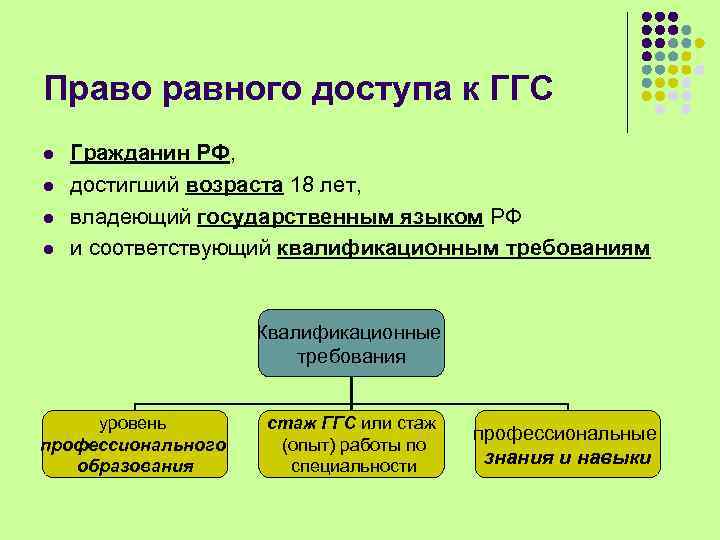 Право равного доступа к ГГС l l Гражданин РФ, достигший возраста 18 лет, владеющий