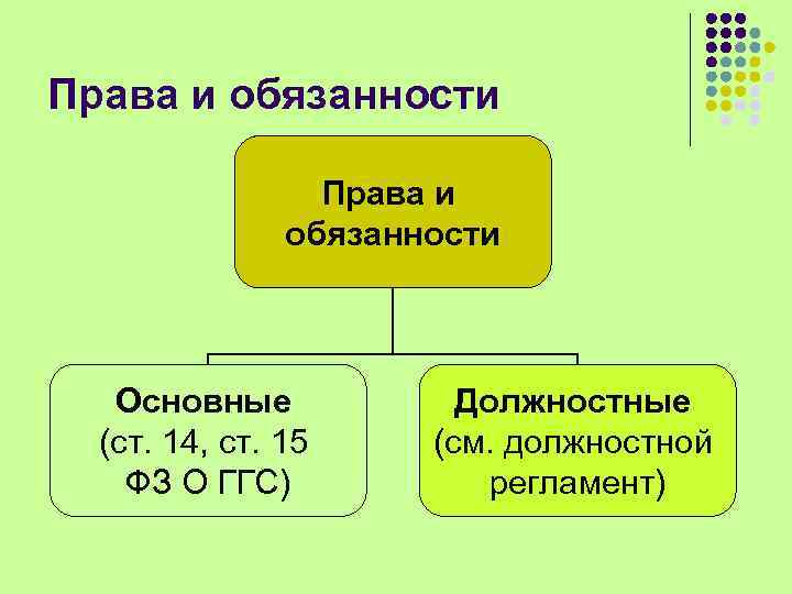 Права и обязанности Основные (ст. 14, ст. 15 ФЗ О ГГС) Должностные (см. должностной