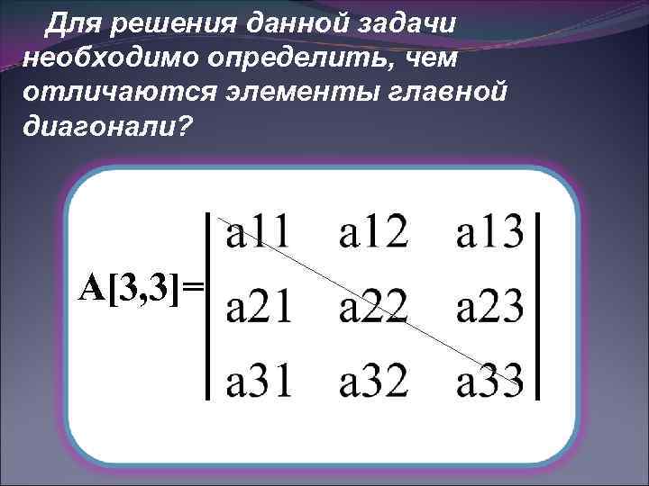 Для решения данной задачи необходимо определить, чем отличаются элементы главной диагонали? А[3, 3]= 