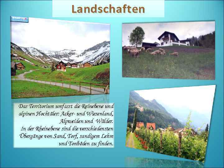 Landschaften Das Territorium umfasst die Reinebene und alpinen Hochtäler: Acker- und Wiesenland, Alpweiden und