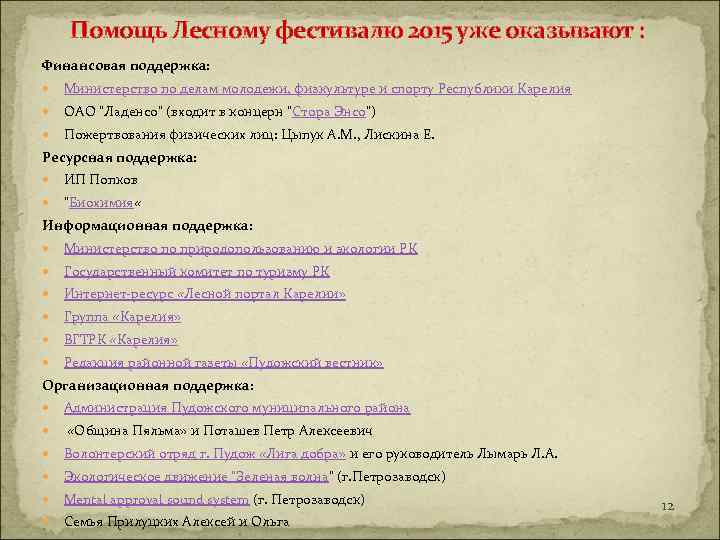  Помощь Лесному фестивалю 2015 уже оказывают : Финансовая поддержка: Министерство по делам молодежи,