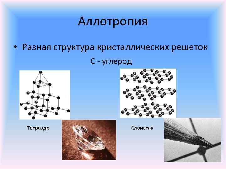 Аллотропия • Разная структура кристаллических решеток С - углерод Тетраэдр Слоистая 