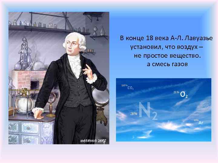 В конце 18 века А-Л. Лавуазье установил, что воздух – не простое вещество. а