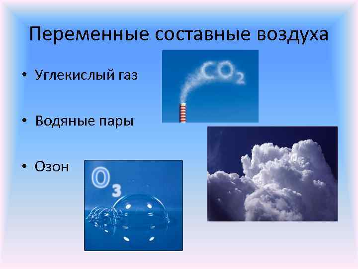 Переменные составные воздуха • Углекислый газ • Водяные пары • Озон 