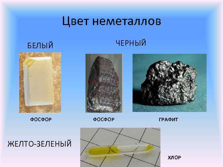 Цвет неметаллов ЧЕРНЫЙ БЕЛЫЙ ФОСФОР ГРАФИТ ЖЕЛТО-ЗЕЛЕНЫЙ ХЛОР 