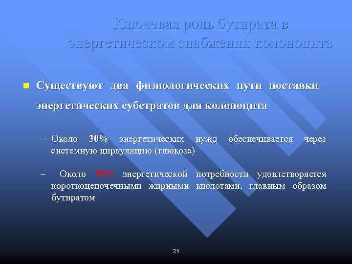 Ключевая роль бутирата в энергетическом снабжении колоноцита n Существуют два физиологических пути поставки энергетических