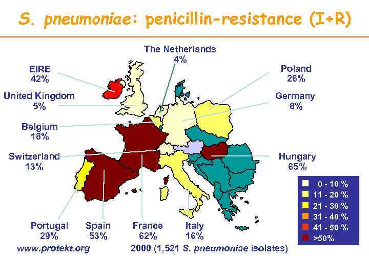 S. pneumoniae: penicillin-resistance (I+R) EIRE 42% United Kingdom 5% The Netherlands 4% Poland 26%