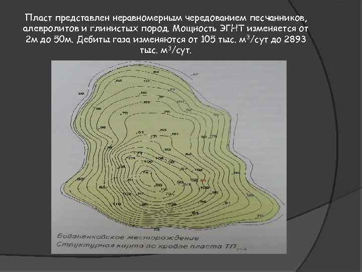 Пласт представлен неравномерным чередованием песчанников, алевролитов и глинистых пород. Мощность ЭГНТ изменяется от 2