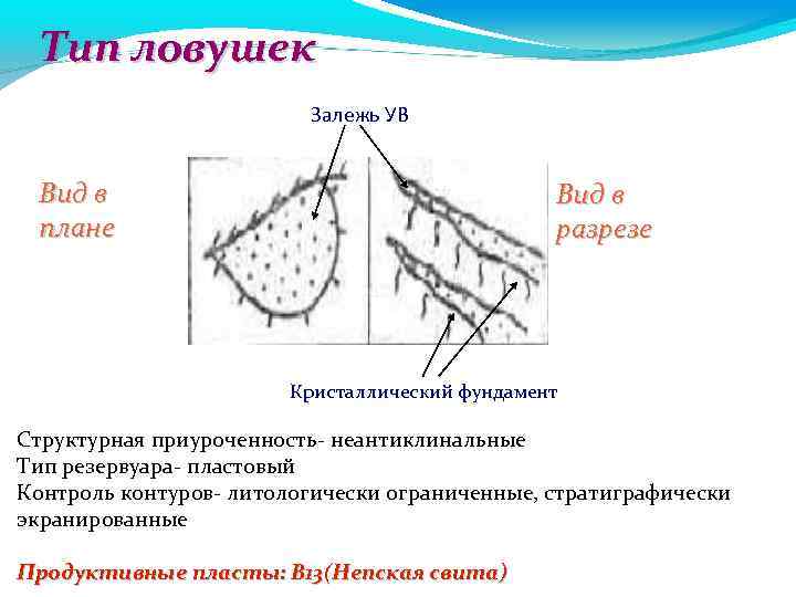 Тип ловушек Залежь УВ Вид в плане Вид в разрезе Кристаллический фундамент Структурная приуроченность-