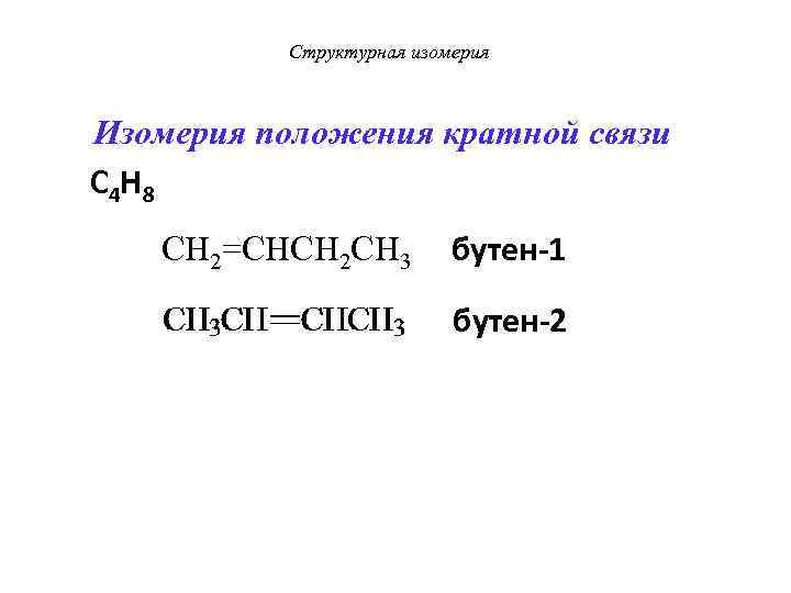  Структурная изомерия Изомерия положения кратной связи С 4 Н 8 CH 2=CHCH 2