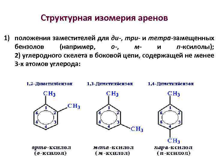  Структурная изомерия аренов 1) положения заместителей для ди-, три- и тетра-замещенных бензолов (например,