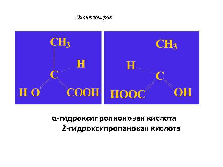  Энантиомерия α-гидроксипропионовая кислота 2 -гидроксипропановая кислота 