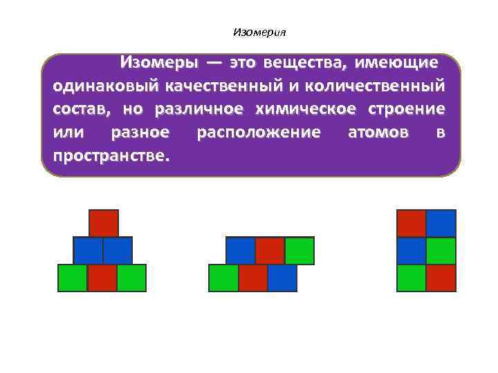 Изомерия Изомеры — это вещества, имеющие одинаковый качественный и количественный состав, но различное