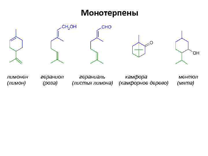 Монотерпены лимонен (лимон) гераниол (роза) гераниаль (листья лимона) камфора (камфорное дерево) ментол (мята) 