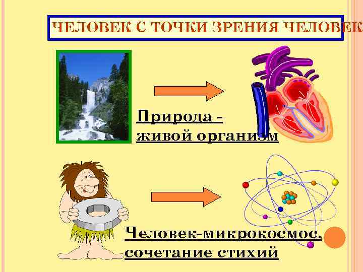 ЧЕЛОВЕК С ТОЧКИ ЗРЕНИЯ ЧЕЛОВЕК Природа - живой организм Человек-микрокосмос, сочетание стихий 