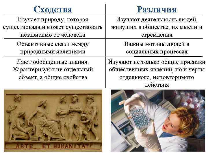 Сходства Различия Изучает природу, которая существовала и может существовать независимо от человека Объективные связи