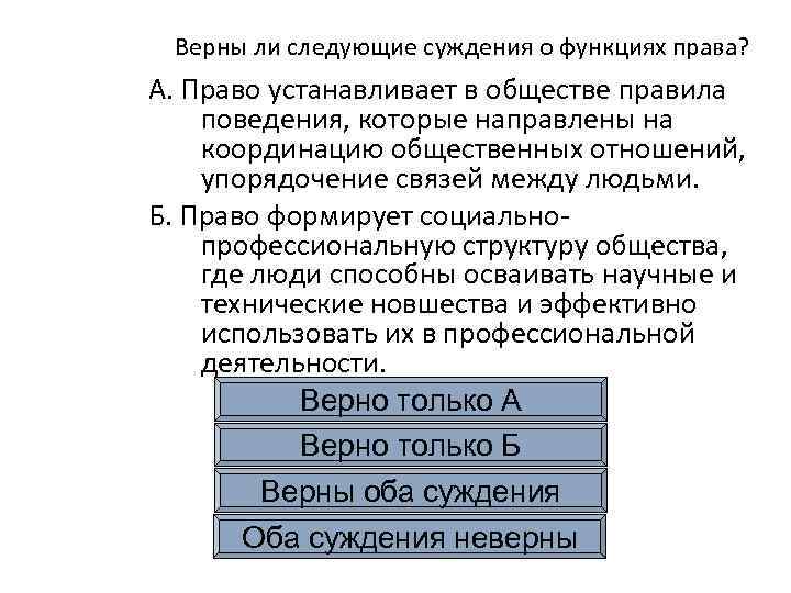 Верны ли следующие суждения о функциях права? А. Право устанавливает в обществе правила поведения,