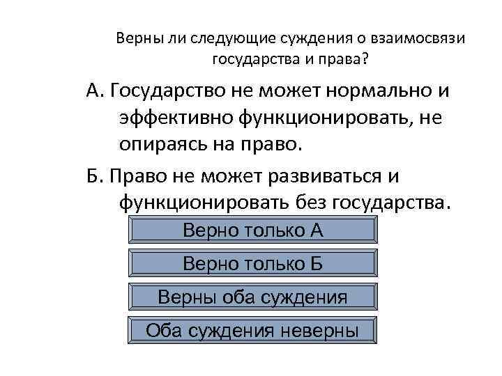 Верны ли следующие суждения о взаимосвязи государства и права? А. Государство не может нормально