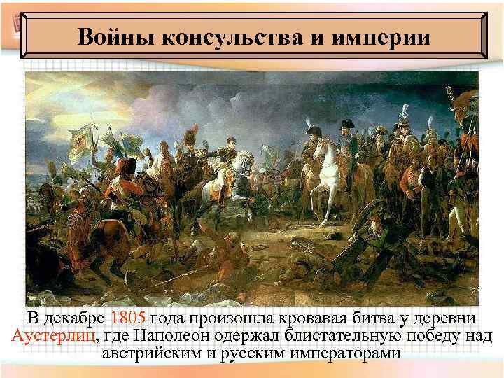 Войны консульства и империи В декабре 1805 года произошла кровавая битва у деревни Аустерлиц,