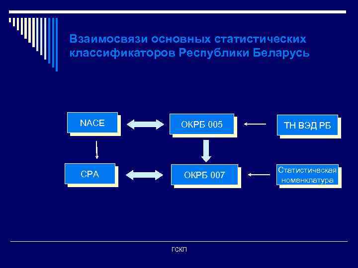 Взаимосвязи основных статистических классификаторов Республики Беларусь NACE СРА ОКРБ 005 ОКРБ 007 ГСКП ТН