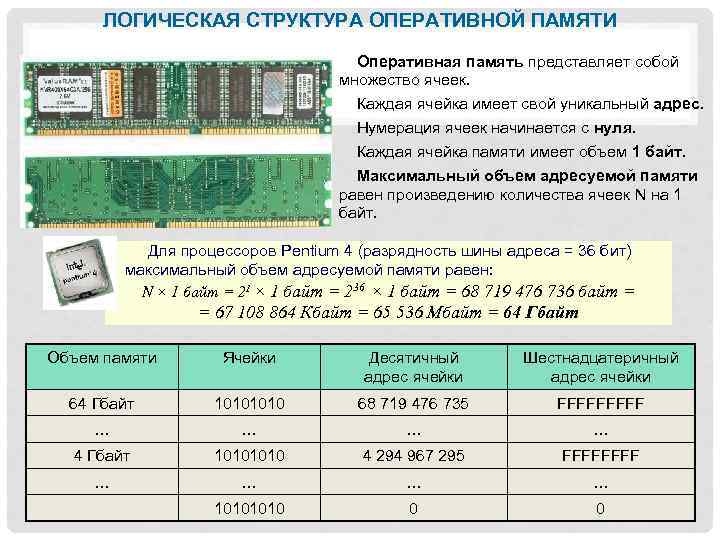 ЛОГИЧЕСКАЯ СТРУКТУРА ОПЕРАТИВНОЙ ПАМЯТИ Оперативная память представляет собой множество ячеек. Каждая ячейка имеет свой
