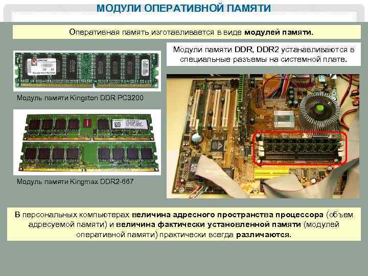 МОДУЛИ ОПЕРАТИВНОЙ ПАМЯТИ Оперативная память изготавливается в виде модулей памяти. Модули памяти DDR, DDR