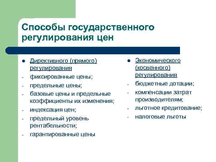 Способы государственного регулирования цен l - Директивного (прямого) регулирования фиксированные цены; предельные цены; базовые