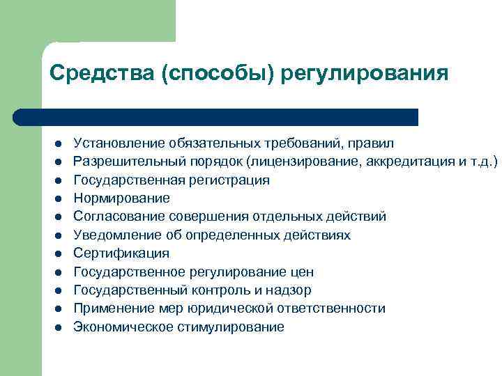 Средства (способы) регулирования l l l Установление обязательных требований, правил Разрешительный порядок (лицензирование, аккредитация