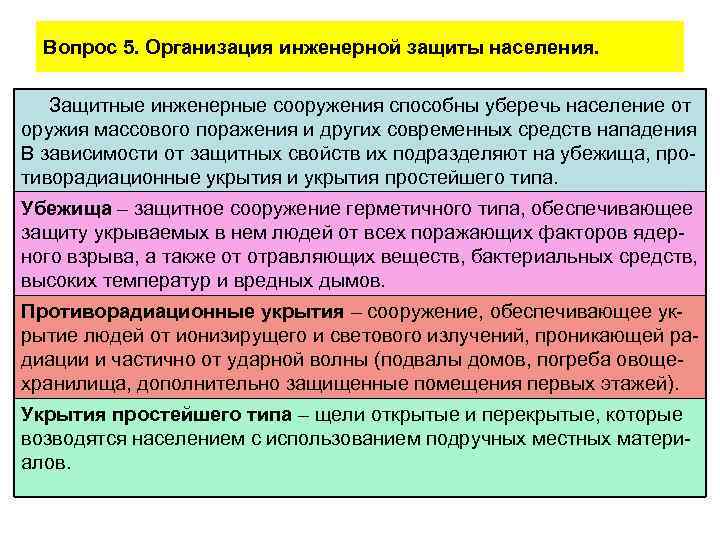 Вопрос 5. Организация инженерной защиты населения. Защитные инженерные сооружения способны уберечь население от оружия