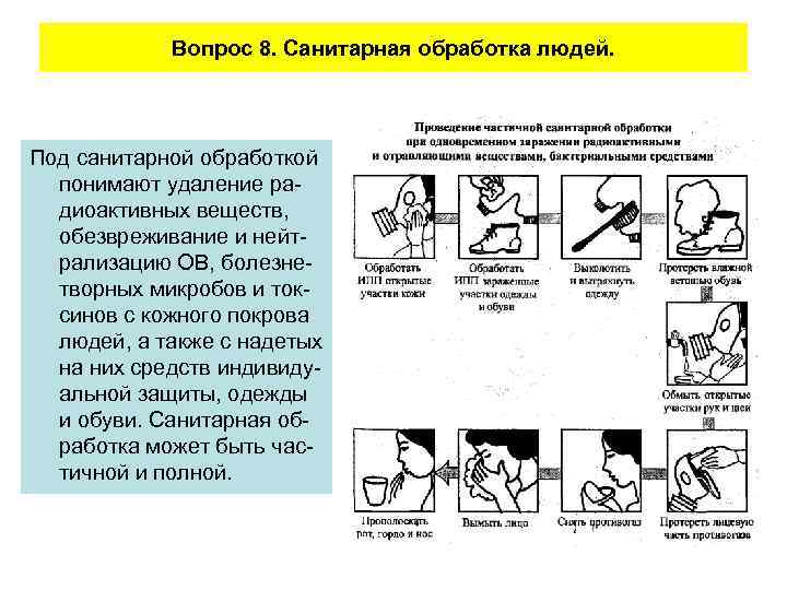 Вопрос 8. Санитарная обработка людей. Под санитарной обработкой понимают удаление радиоактивных веществ, обезвреживание и