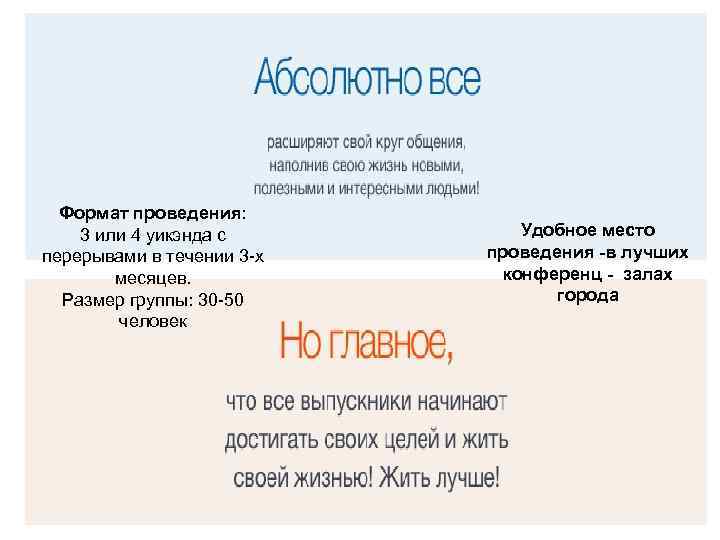 Формат проведения: 3 или 4 уикэнда с перерывами в течении 3 -х месяцев. Размер