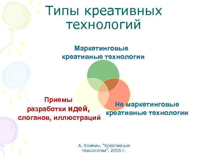 Типы креативных технологий Маркетинговые креативные технологии Приемы Не маркетинговые разработки идей, креативные технологии слоганов,