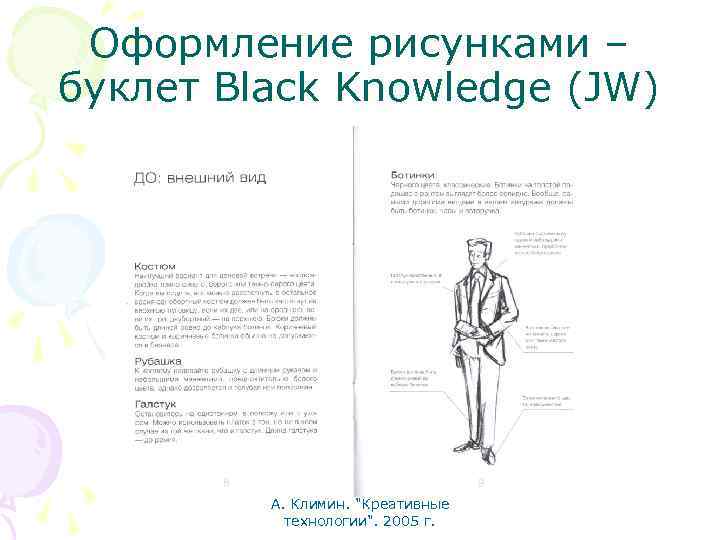 Оформление рисунками – буклет Black Knowledge (JW) А. Климин. "Креативные технологии". 2005 г. 