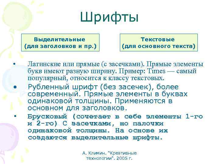 Шрифты Выделительные (для заголовков и пр. ) • • • Текстовые (для основного текста)