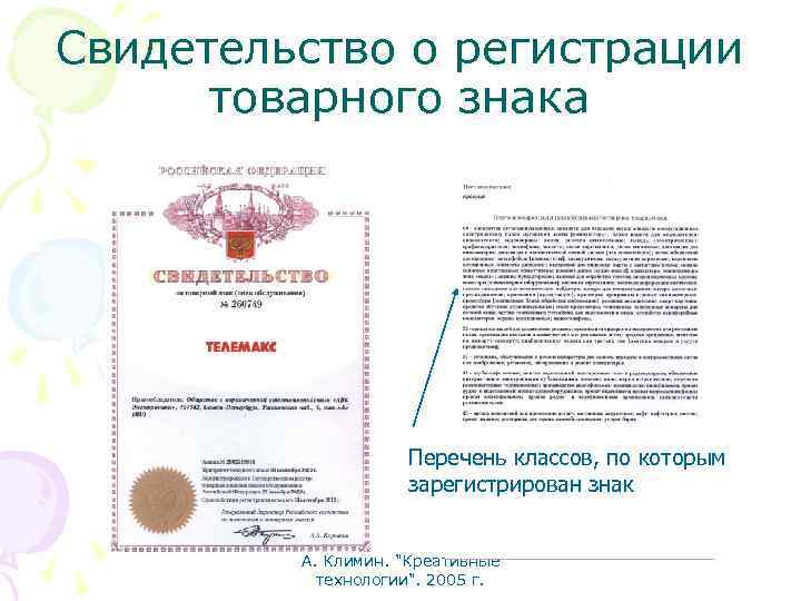 Свидетельство о регистрации товарного знака Перечень классов, по которым зарегистрирован знак А. Климин. "Креативные