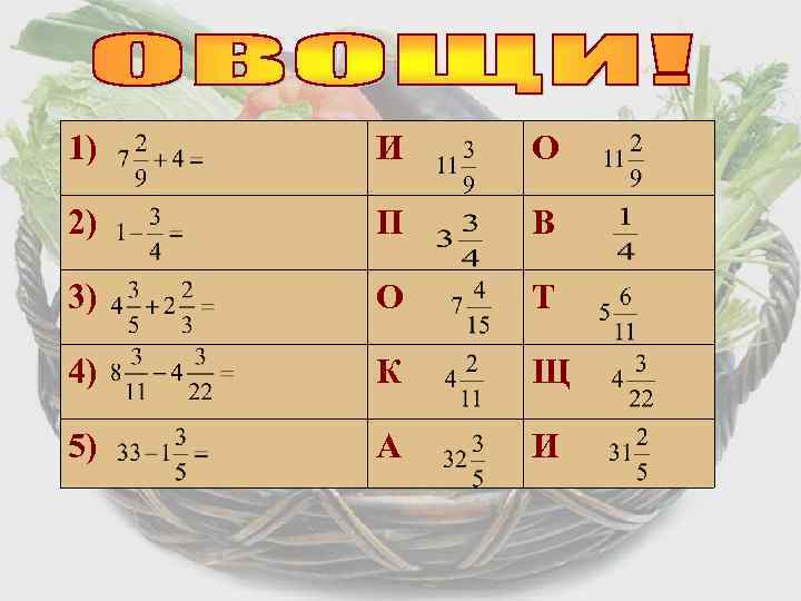 1) И О 2) П В 3) О Т 4) К Щ 5) А