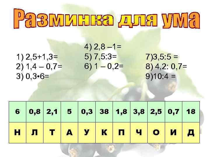 4) 2, 8 – 1= 5) 7, 5: 3= 6) 1 – 0, 2=