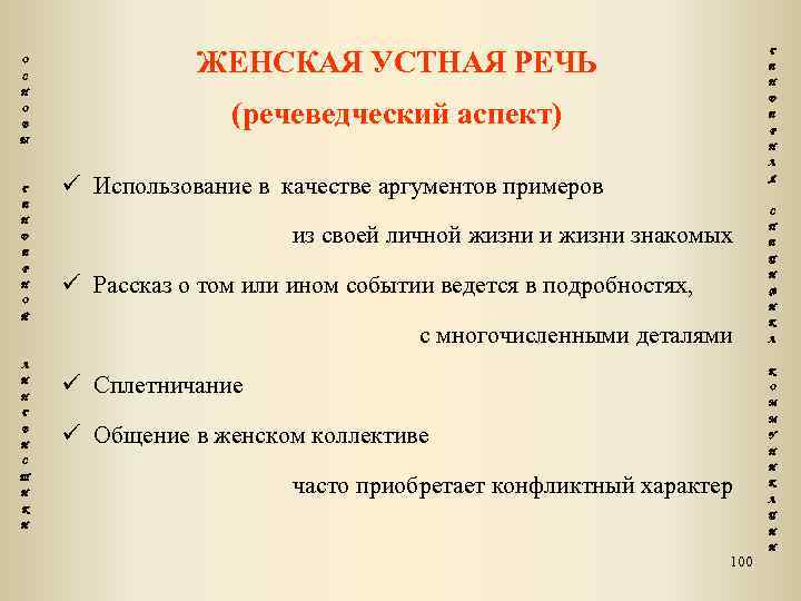 О С Н О В ЖЕНСКАЯ УСТНАЯ РЕЧЬ Г Е Н Д (речеведческий аспект)