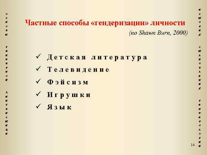 И О С С Т Н О Частные способы «гендеризации» личности О Р (по