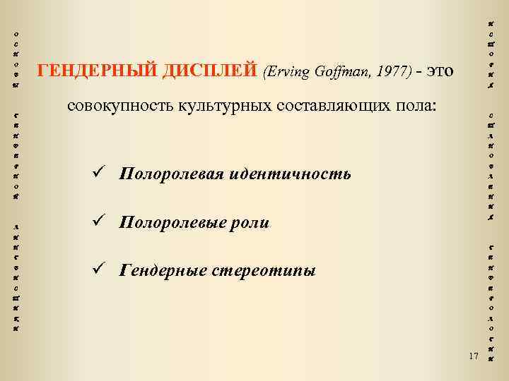 И О С С Т Н О О В ГЕНДЕРНЫЙ ДИСПЛЕЙ (Erving Goffman, 1977)