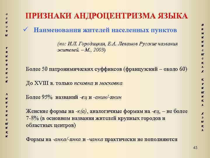 О С ПРИЗНАКИ АНДРОЦЕНТРИЗМА ЯЗЫКА Н О В Ф Наименования жителей населенных пунктов Е